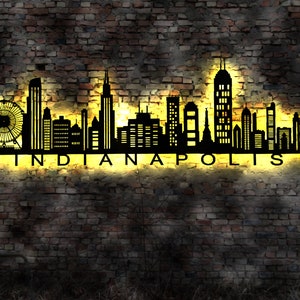 Skyline Indianapolis USA  LED Wandbild   Holz Stadt AK Karte Map Stadtplan Leuchtbild Neonreklame Wandtattoo wall sign Silhouette