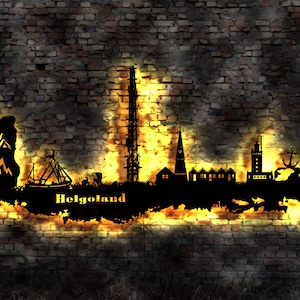 Skyline Helgoland Nordsee  Urlaub  LED Wandbild Holz Stadt AK Karte Map Wandsticker Leuchtbild Neonreklame Wandtattoo Reiseführer Silhouette