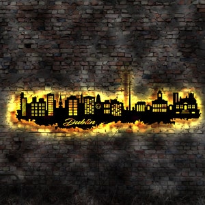 Skyline Dublin Irland  LED Wandbild Holz Stadt AK Karte Map Stadtplan Wandsticker Leuchtbild Neonreklame Wandtattoo Reiseführer Silhouette