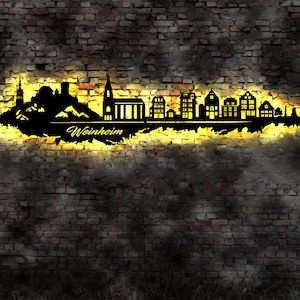 Skyline Weinheim  Wandbild Holz Stadt AK Karte Map Stadtplan Wandsticker Leuchtbild Neonreklame Wandtattoo Reiseführer Silhouette