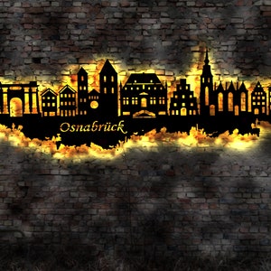 Skyline Osnabrück LED Wandbild   Holz Stadt AK Karte Map Stadtplan Wandsticker Leuchtbild Neonreklame Wandtattoo Reiseführer Silhouette