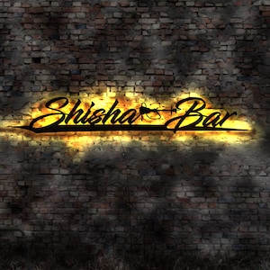 Könnte beinhalten: Ein schwarzes Neon-Schild mit den Worten "Shisha Bar" vor einem Hintergrund aus Backstein.