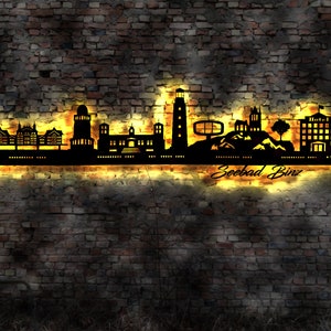 Skyline Ostseebad Binz Rügen Wandbild Holz Stadt AK Karte Map Stadtplan Wandsticker Leuchtbild Neonreklame Wandtattoo Reiseführer Silhouette