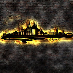 Skyline Erfurt LED Wandbild Holz Stadt AK Karte Map Stadtplan Wandsticker Leuchtbild Neonreklame Wandtattoo Reiseführer Silhouette