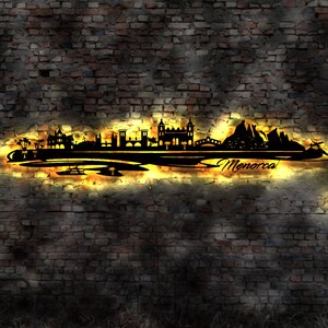 Skyline Insel Menorca LED Wandbild Holz Stadt AK Karte Map Wandsticker Leuchtbild Neonreklame Wandtattoo Reiseführer Silhouette