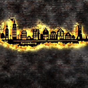 Skyline Spremberg Brandenburg   LED Wandbild   Holz Stadt AK Karte Map Stadtplan Wandsticker Bild Wandtattoo Reiseführer Silhouette