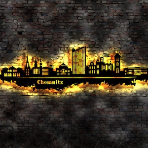 Skyline Chemnitz LED Wandbild Holz Stadt AK Karte Map Stadtplan Wandsticker Leuchtbild Neonreklame Wandtattoo Reiseführer Silhouette