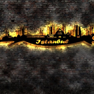 Skyline Istanbul Turkey Türkei  Holz Stadt AK Karte Map Stadtplan Wandsticker Leuchtbild Neonreklame Wandtattoo Reiseführer Silhouette