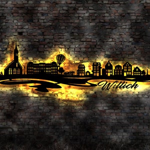 Skyline Willich LED Wandbild Holz Stadt AK Karte Map Stadtplan Wandsticker Leuchtbild Neonreklame Wandtattoo Reiseführer Silhouette