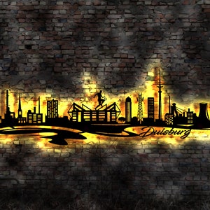 Skyline Duisburg LED Wandbild Holz Stadt AK Karte Map Stadtplan Wandsticker Leuchtbild Neonreklame Wandtattoo Reiseführer Silhouette