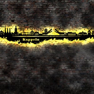 Skyline Kappeln  LED Wandbild Holz Stadt AK Karte Map Stadtplan Wandsticker Leuchtbild Neonreklame Wandtattoo Reiseführer Silhouette