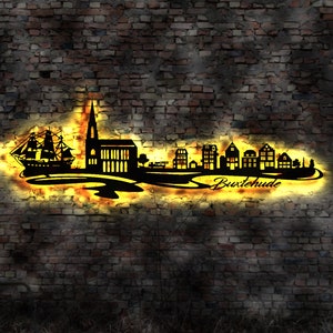 Skyline Buxtehude  LED Wandbild Holz Stadt AK Karte Map Stadtplan Wandsticker Leuchtbild Wandtattoo Reiseführer Silhouette
