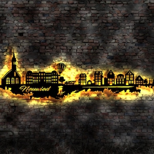 Skyline Neuwied LED Wandbild   Holz Stadt AK Karte Map Stadtplan Wandsticker Leuchtbild Neonreklame Wandtattoo Reiseführer Silhouette