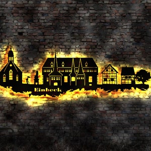Skyline Einbeck  LED Wandbild Holz Stadt AK Karte Map Stadtplan Wandsticker Leuchtbild Neonreklame Wandtattoo Reiseführer Silhouette