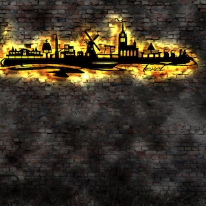 Skyline Texel Insel Island LED Wandbild Holz Stadt AK Karte Map Wandsticker Leuchtbild Neonreklame Wandtattoo Reiseführer Silhouette