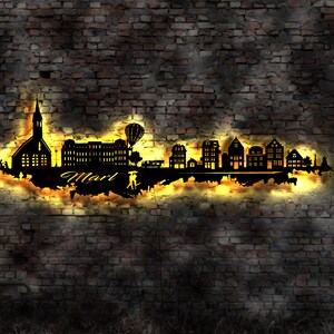 Skyline Marl  LED Wandbild Holz Stadt AK Karte Map Stadtplan Wandsticker Leuchtbild Neonreklame Wandtattoo Reiseführer Silhouette
