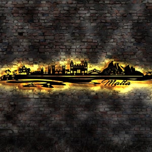 Skyline Insel Malta LED Wandbild Holz Stadt AK Karte Map Wandsticker Leuchtbild Neonreklame Wandtattoo Reiseführer Silhouette