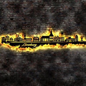 Skyline Lüneburg  Stadt  LED Wandbild   Holz Stadt AK Karte Map Stadtplan Wandsticker Leuchtbild Wandtattoo Reiseführer Silhouette