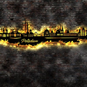 Skyline Potsdam LED Wandbild Holz Stadt AK Karte Map Stadtplan Wandsticker Leuchtbild Neonreklame Wandtattoo Reiseführer Silhouette