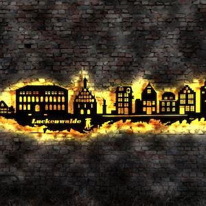 Skyline Luckenwalde  LED Wandbild Holz Stadt AK Karte Map Stadtplan Wandsticker Leuchtbild Neonreklame Wandtattoo Reiseführer Silhouette