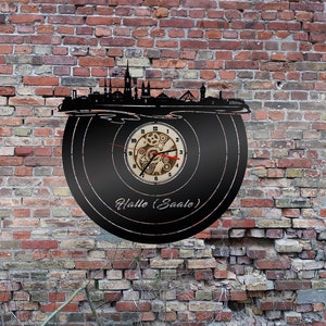 Wanduhr Uhr Holzuhr Uhren Ziffernblatt Skyline Halle Saale  Stadt  Karte Map Wandsticker Leuchtbild Neonreklame Wandtattoo Reiseführer
