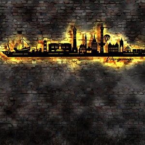 Skyline Wangerooge Wattenmeer  LED Wandbild Insel  Holz Stadt AK Karte  Stadtplan Wandsticker Leuchtbild  Wandtattoo Reiseführer Silhouette