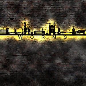 Skyline Worms  LED Wandbild   Holz Stadt AK Karte Map Stadtplan Wandsticker Leuchtbild Wandtattoo Reiseführer Silhouette Haus Wohnung