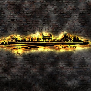 Skyline Insel Santorin LED Wandbild Holz Stadt AK Karte Map Wandsticker Leuchtbild Neonreklame Wandtattoo Reiseführer Silhouette