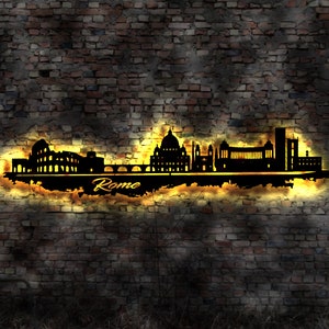 Skyline Rom Roma LED Wandbild Holz Stadt AK Karte Map Stadtplan Wandsticker Leuchtbild Neonreklame Wandtattoo Reiseführer Silhouette