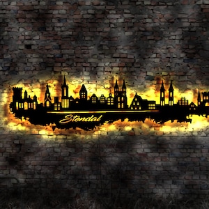 Skyline Stendal LED Wandbild Holz Stadt AK Karte Map Stadtplan Wandsticker Leuchtbild Neonreklame Wandtattoo Reiseführer Silhouette