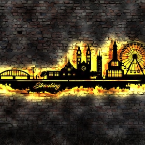 Skyline Straubing Stadt  LED Wandbild   Holz Stadt AK Karte Map Stadtplan Wandsticker Leuchtbild Wandtattoo Reiseführer Silhouette