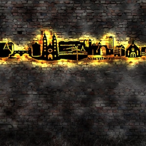 Skyline Nürnberg LED Wandbild   Holz Stadt AK Karte Map Stadtplan Wandsticker Leuchtbild Neonreklame Wandtattoo Reiseführer Silhouette