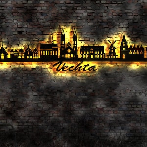 Skyline Vechta LED Wandbild Holz Stadt AK Karte Map Stadtplan Wandsticker Leuchtbild Neonreklame Wandtattoo Reiseführer Silhouette