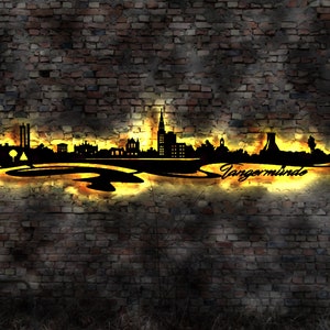 Skyline Tangermünde LED Wandbild Holz Stadt AK Karte Map Stadtplan Wandsticker Leuchtbild Neonreklame Wandtattoo Reiseführer Silhouette