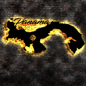 Skyline Panama  LED Wandbild Holz Stadt AK Karte Map Wandsticker Leuchtbild Neonreklame Wandtattoo Reiseführer Silhouette