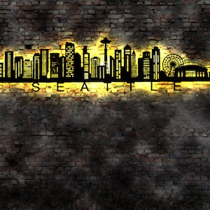 Skyline Seattle Stadt LED Wandbild Holz Stadt AK Karte Map Stadtplan Wandsticker Leuchtbild Neonreklame Wandtattoo USA