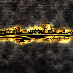 Skyline Amsterdam  LED Wandbild aus Holz Stadt AK Karte Map Stadtplan Wandsticker Leuchtbild Neonreklame Wandtattoo Reiseführer Silhouette