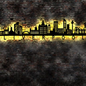 Skyline Liverpool UK England  LED Wandbild   Holz Stadt AK Karte Map Stadtplan Wandsticker Leuchtbild Wandtattoo Reiseführer Silhouette