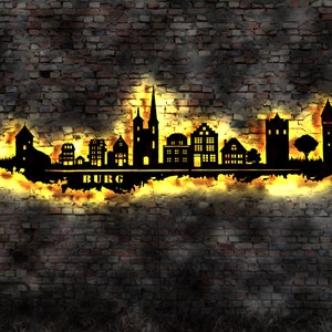 Skyline Stadt Burg Jerichower Land  LED Wandbild Holz Stadt AK Karte Map Stadtplan Wandsticker Leuchtbild Neonreklame Wandtattoo  Silhouette