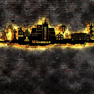 Skyline Wismar Hafen LED Wandbild Holz Stadt AK Karte Map Stadtplan Wandsticker Leuchtbild Neonreklame Wandtattoo Reiseführer Silhouette