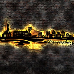 Skyline Ravensburg LED Wandbild Holz Stadt AK Karte Map Stadtplan Wandsticker Leuchtbild Neonreklame Wandtattoo Reiseführer Silhouette