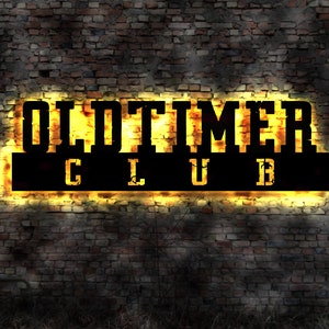 May include: A neon sign with the words "Oldtimer Club" in black letters on a brick wall. The sign is lit up in a warm yellow color.