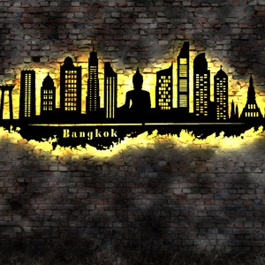 Skyline Bangkok LED Wandbild Holz Stadt AK Karte Map Stadtplan Wandsticker Leuchtbild Neonreklame Wandtattoo Reiseführer Silhouette