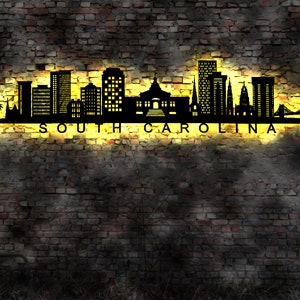 Skyline South Carolina LED Wandbild Holz Stadt AK Karte Map Stadtplan Wandsticker Leuchtbild Neonreklame Wandtattoo  Silhouette