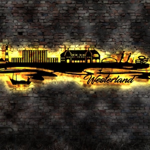 Skyline Westerland Nordsee Urlaub LED Wandbild Holz Stadt AK Karte Map Wandsticker Leuchtbild Neonreklame Wandtattoo Reiseführer Silhouette