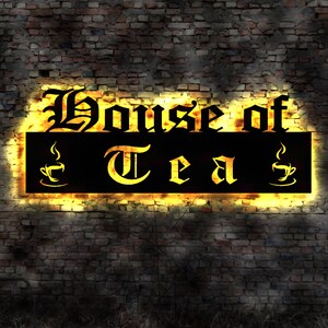 House of Tea Tearoom Time Tea Display Sign Shop Advertising Strainer Pot Teabag Tea Strainer Picture Tea Set no Neon sign Mural Teashop Shop