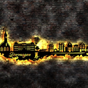 Skyline Dormagen   LED Wandbild Holz Stadt AK Karte Map Stadtplan Wandsticker Leuchtbild Neonreklame Wandtattoo Reiseführer Silhouette