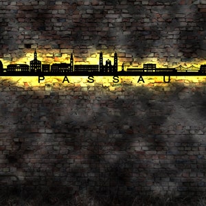Skyline Passau   LED Wandbild   Holz Stadt AK Karte Map Stadtplan Wandsticker Leuchtbild Wandtattoo Reiseführer Silhouette Haus Wohnung