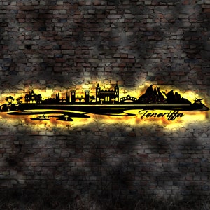 Skyline Tenerife Teneriffa Island LED Wandbild Holz Stadt AK Karte Map Wandsticker Leuchtbild Neonreklame Wandtattoo Reiseführer Silhouette