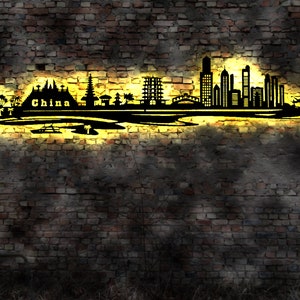 Skyline China LED Wandbild Holz Stadt AK Karte Map Stadtplan Wandsticker Leuchtbild Neonreklame Wandtattoo Reiseführer Silhouette